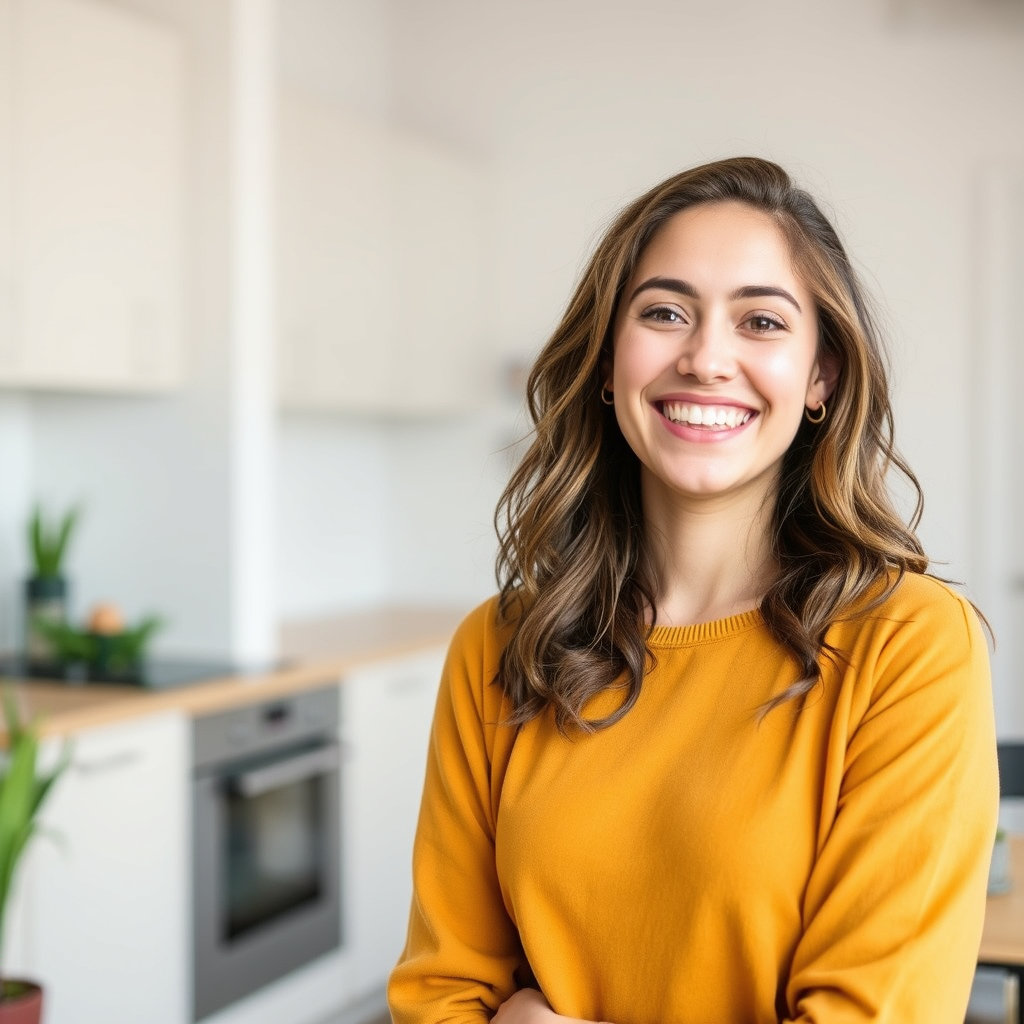 a young person smiling in her new apartment at Anndell
